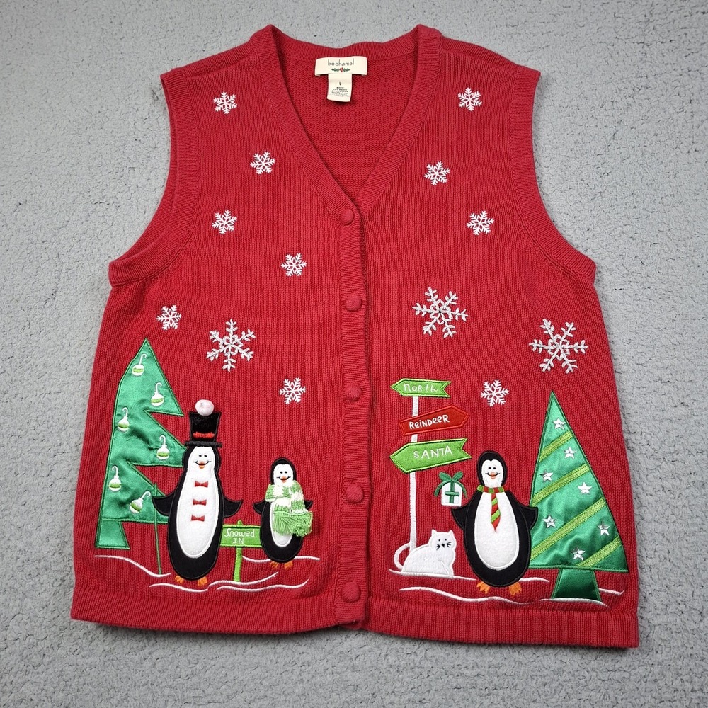 Vintage Bechamel Womens L Christmas Tree Sweater Vest Red Embroidered Holiday